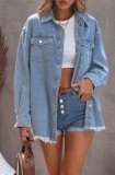 Pocket Raw Hem Buttoned Denim Jacket