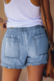 Sky Blue Casual Pocketed Frayed Denim Shorts