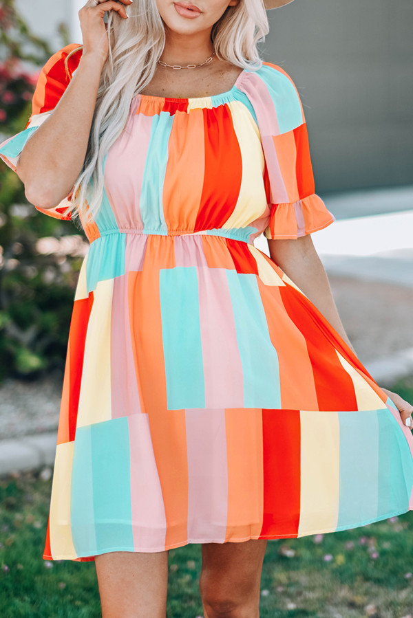 Multicolor Color Block Ruffled Elastic Waist Mini Dress