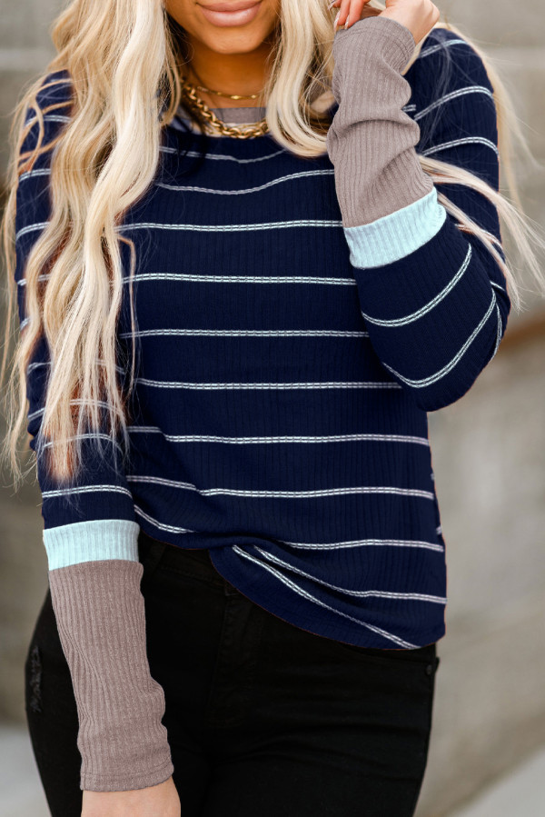 Blue Extend Color Block Cuffs Rib Knit Striped Pullover