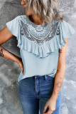 Sky Blue Lace Splicing Ruffled Short Sleeve T-shirt