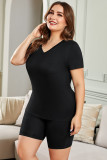 Black Plus Size V Neck T-shirt and Shorts Loungewear