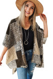 Brown Leopard Color Block Kimono Sleeve Open Front Cover Up