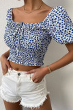 Blue Puffy Sleeves Smocked Square Neck Floral Crop Top