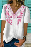 White Floral Pattern V Neck Short Sleeve Top