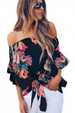 Blue Off Shoulder Floral Tie Front High Low Chiffon Blouse