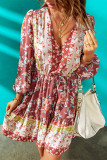 Floral Print Lace-up Puff Sleeve V Neck Mini Dress