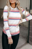 White Stripe Print Crew Neck Long Sleeve Top