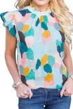 Green Ruffle Cap Sleeve Frill Mock Neck Printed Top