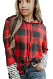 Red Christmas Plaid Striped Patchwork Drawstring Hoodie