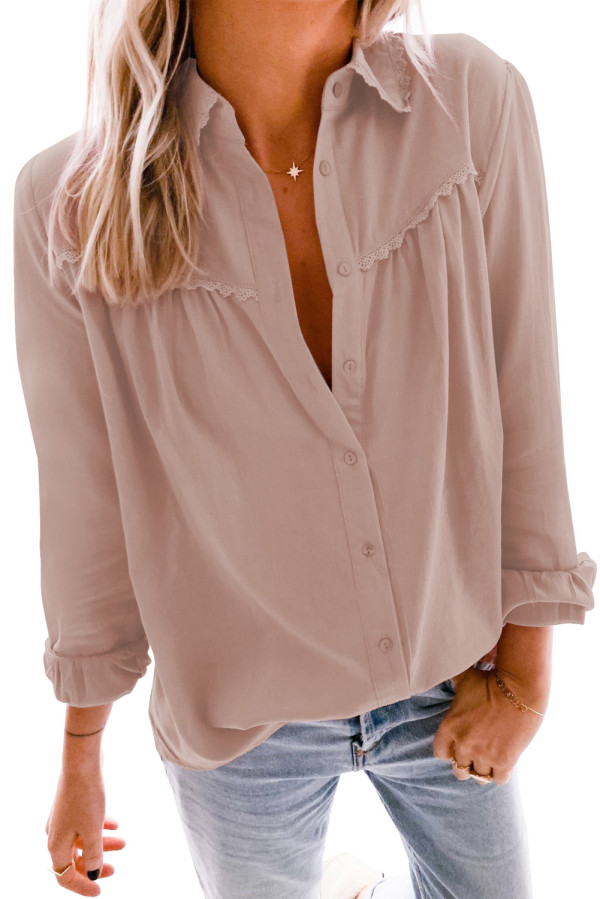 Pink Plain Pleated Bust Cuffed Sleeves Shirt