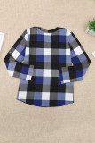 Blue Contrast Plaid V Neck Long Sleeve Top