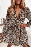 Leopard Ruffle V Neck Long Sleeve Tunic Mini Dress