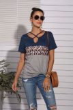 Blue Leopad Cross Neck Colorblock Top