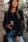 Polka Dot Mesh Sleeve Waffle Knit Top