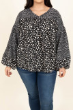 Black V Neck Cheetah Mixed Print Plus Size Blouse