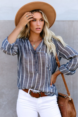 Blue Striped V Neck Pocket Long Sleeve Top