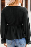 Black Pleated Ruffled V Neck Babydoll Top