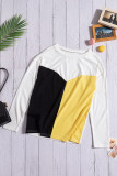 Yellow Color Block Splicing O-Neck Long Sleeve Tops