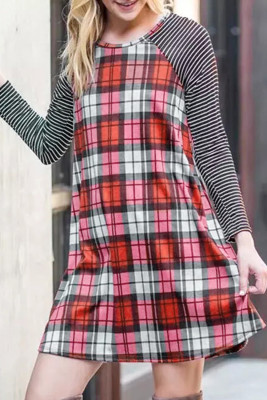Plaid Striped Splicing Raglan Sleeve Mini Dress