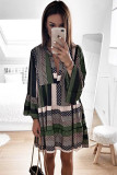 Green Geometric Print V neck Flare Half Sleeve Ruffle Swing Mini Dress