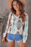 V Neck Long Sleeve Aztec Print Top with Pocket