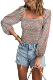 Apricot Square Neck Puff Sleeve Floral Smocked Top