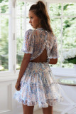 White Floral Print V Neck Ruffle Backless Mini Dress
