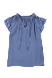Blue Tiered Ruffled Drawstring V Neck Top