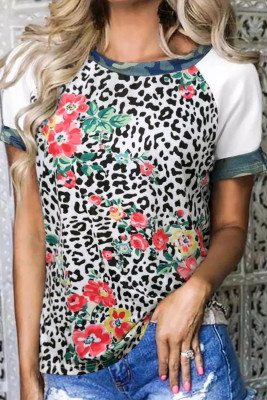 Leopard Floral Camouflage Raglan Sleeve Blouse