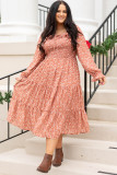 Orange Plus Size Floral Print Smocked Tiered Long Dress
