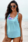 Sky Blue Printed Splicing Racerback Tankini