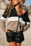 Color Block Open Zipper Drawstring Hem Coat