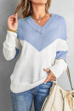 Sky Blue Colorblock V Neck Casual Sweater