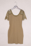 Khaki Lace Sleeve Ribbed Bodycon Dress