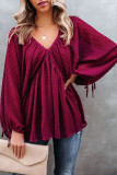 Swiss Dot Lace-up V Neck Long Sleeve Top