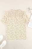 Yellow Floral Print Smocked Ruffled V Neck T-shirt