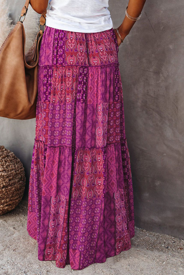 Purple Tiered Paisley Print Pocketed Maxi Skirt