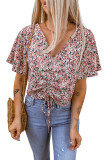 Multicolor Floral Drawstring Tie Center V Neck Blouse