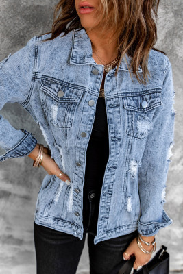 Sky Blue Distressed Buttons Washed Denim Jacket