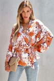 Orange Floral Wrap Kimono Blouse