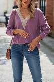 V Neck Crochet Plain Long Sleeve Top