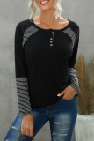 Black Casual Striped Color-Block Crew Neck Shirt