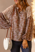 Brown Paisley Pattern Floral Patch Long Sleeve Blouse
