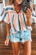 Multicolor Stripes Split Neck Pleated Ruffled Short Sleeves Top