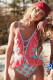 Sky Blue Plunge V Neck Lace-up Ruffled Trim Floral Maillot