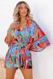 Multicolor Floral Print V Neck Kimono Sleeve Romper