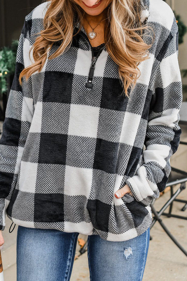 Black Plaid Print 1/4 Zip Turn-down Collar Sweatshirt