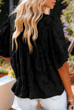 Black Floral Textured V Neck Buttoned Blouse