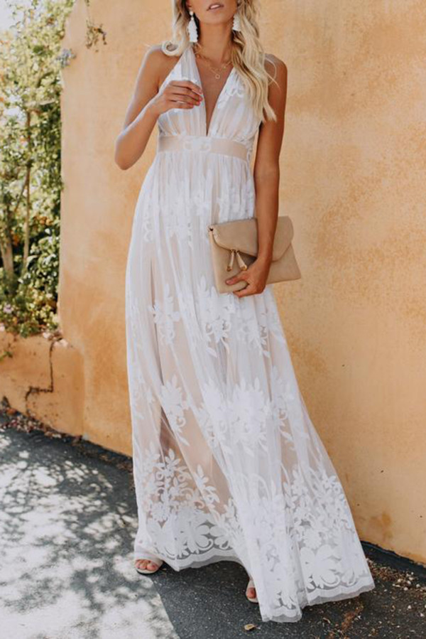 White Lace Contrast Backless Spaghetti Straps Maxi Dress